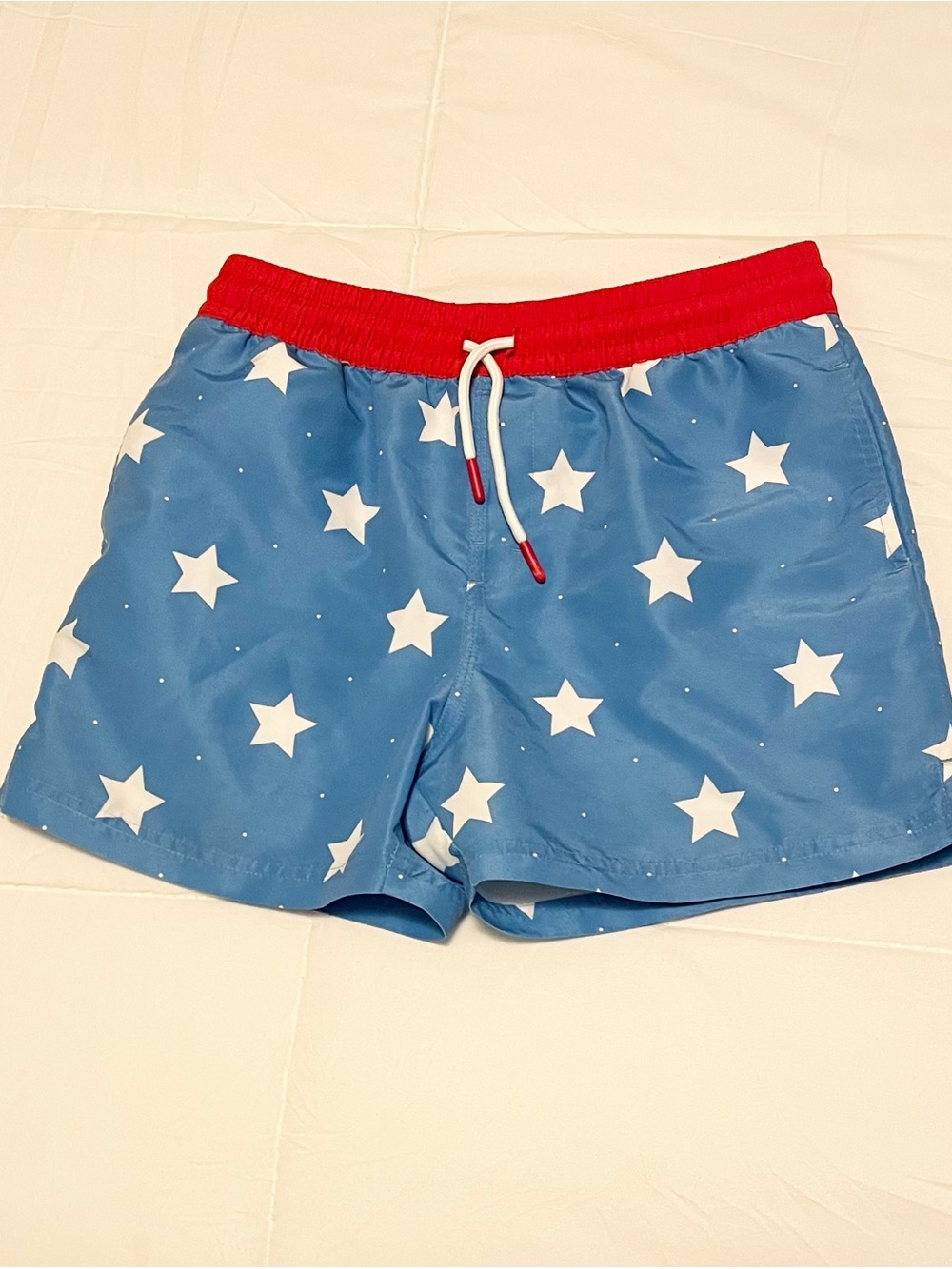 The Beaufort Bonnet Company Blue Star Swim Trunks with Red Waistband